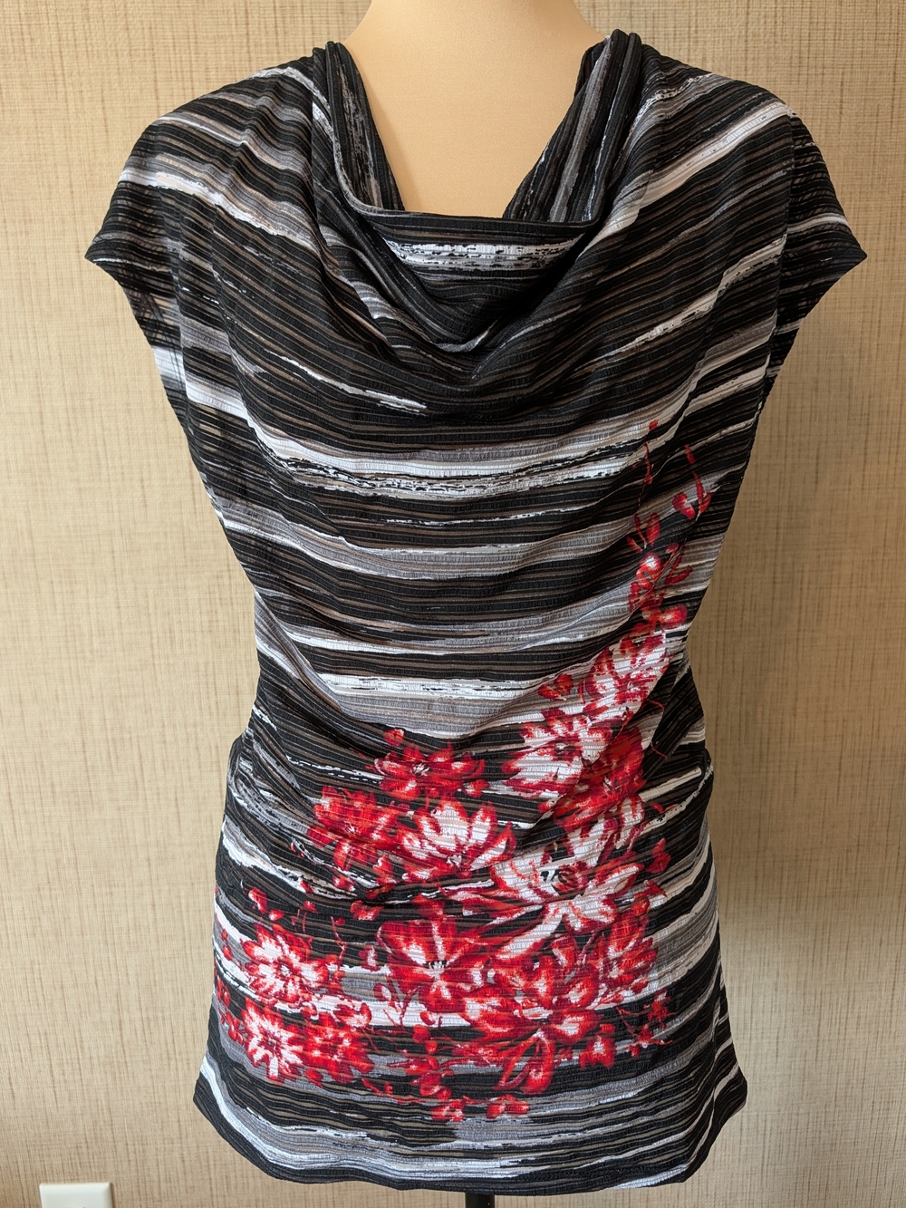 Rafaella Black, Gray & White Striped Tunic with Red Floral Accent